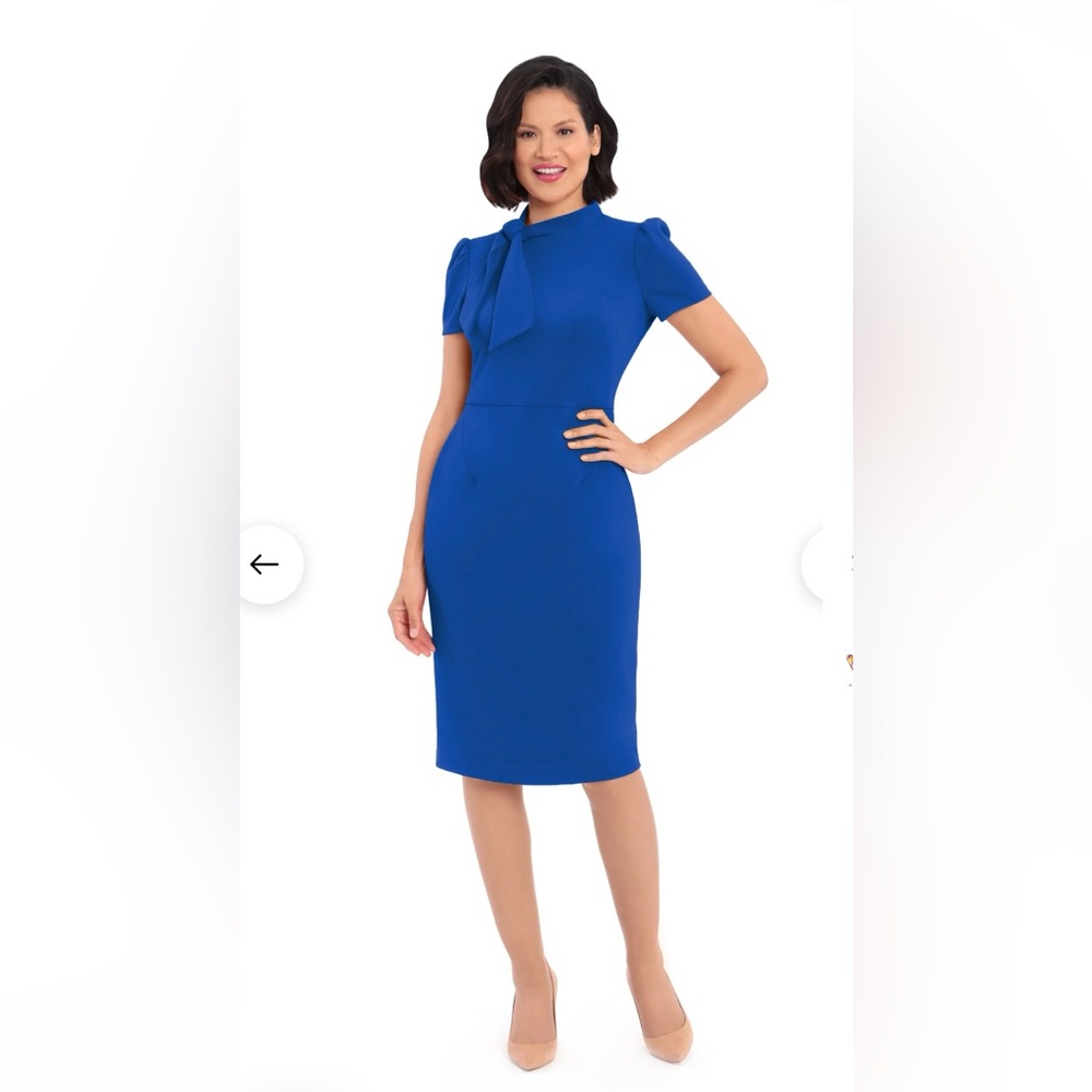 Maggie London Blue Short Sleeve Tie Neck Midi Dress